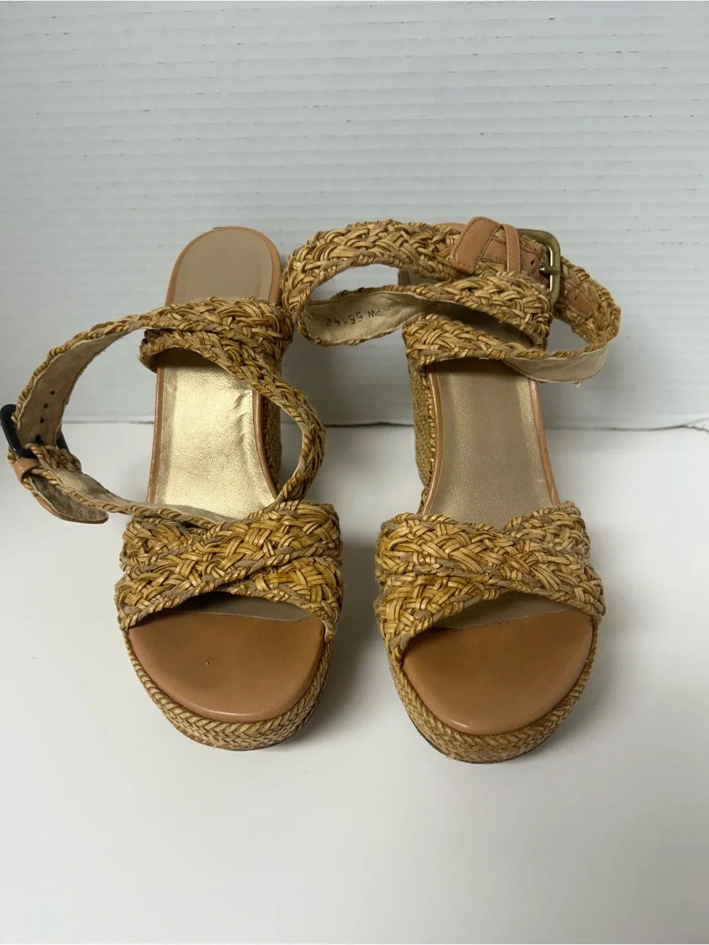 Stuart Weitzman Raffia Braided Wedge Camel Sandals BoHo Sophisticate 7.5M